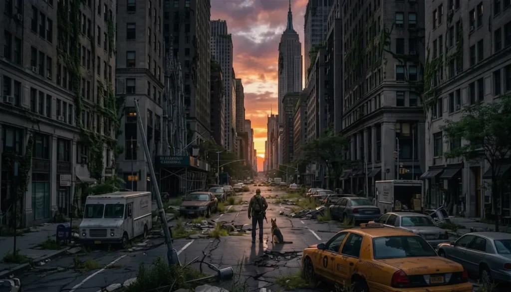 I am legend - Richard Matheson A post-apocalyptic New York City street overgrown with vines, featuring a lone survivor and a dog standing among abandoned cars at sunset, inspired by Richard Matheson
