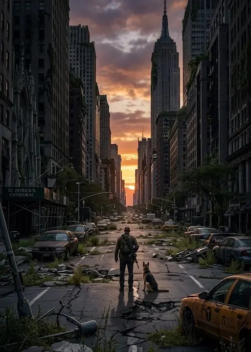 A post-apocalyptic New York City street overgrown with vines, featuring a lone survivor and a dog standing among abandoned cars at sunset, inspired by Richard Matheson